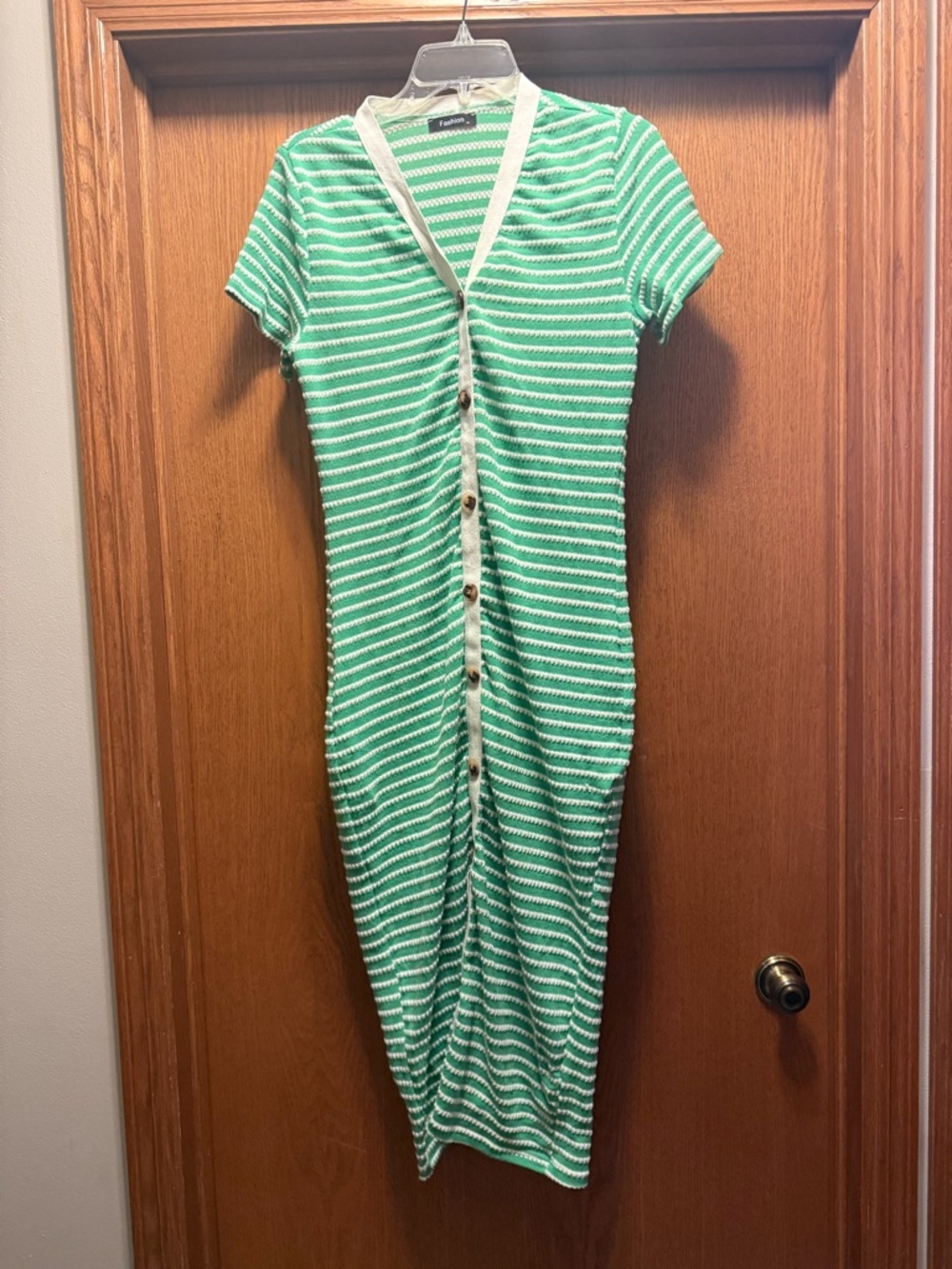 Green & White Striped Button-Front Knit Dress
